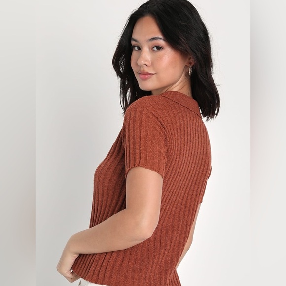 Lulus Pleasant Charm Brown Button-Up Short Sleeve Cardigan Sweater XS - Picture 2 of 12